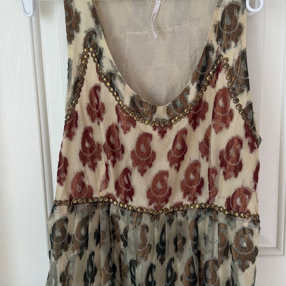Free People Shimmering Champagne Paisley Mini Dress Boho Sz8 - Picture 2 of 13